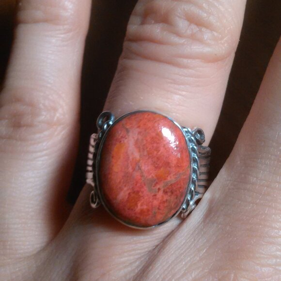 Santa Fe Style Enhanced Red Coral Sterling Silver Ring (Size 6) - Picture 1 of 15